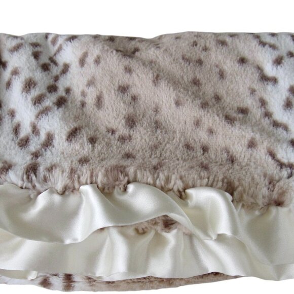 Max Daniel Baby Blanket Plush Brown Cream Snow Lynx Print Satin Ruffle USA MADE - Picture 2 of 7